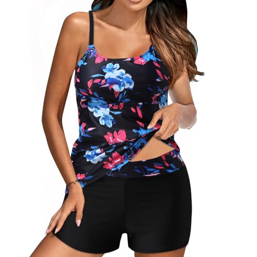 Dmmtot Traje de baño de talla grande para mujer, trajes de baño de verano tankini de dos piezas con estampado tropical, control de abdomen, trajes de baño atléticos fluidos con pantalones cortos,
