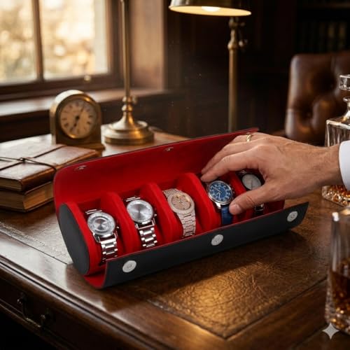 Image of essart 5-Slot Watch Roll Travel Organizer - Premium PU Leather Watch Storage Case, Portable Travel Watch Roll for Men & Women, & Gift Box