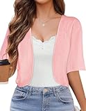 Women Bolero Shrug Cardigan Open Front Cover Up Sheer Short Sleeve Kimonos for Evening Dress(Pink,L