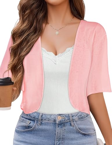 Women Bolero Shrug Cardigan Open Front Cover Up Sheer Short Sleeve Kimonos for Evening Dress(Pink,L