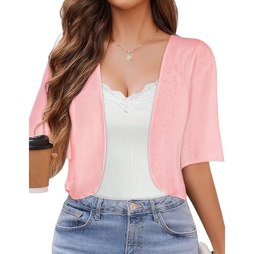 Women Bolero Shrug Cardigan Open Front Cover Up Sheer Short Sleeve Kimonos for Evening Dress(Pink,S)
