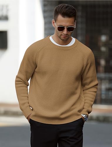 ZAFUL Men's Pullover Sweater Long Sleeve Crewneck Casual Loose Waffle Knitted Sweater (1-Camel, X-Large)2