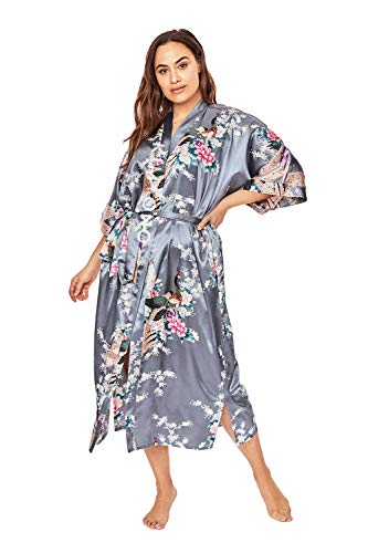 KIM+ONO Plus Size Women's Satin Kimono Robe Long - Floral - Peacock & Blossoms - Stone (Grey)