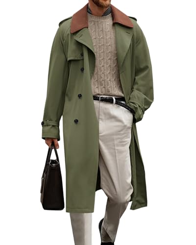 Runcati Mens Trench Coat Double Breasted Notched Lapel Long Jacket Fall Casual Classic Overcoat with Belt
