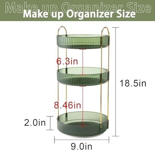 Image of Dravina 360 Rotating Makeup Organizer Rack| 3 Tier Standing Countertop Cosmetic Vanity Tray For Makeup, Skincare|Corner Rack For Bedroom,Bathroom (3 Layer- Green (Rack) + Gold Rods)