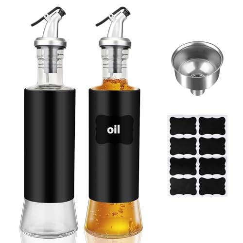 Essig und Ölspender 300 ml, 2 Stück Öl Essig Set Öl Karaffe Ölkanne Küche Olivenöl Flasche mit Ausgießer/Etikett/Trichter, Edelstahl Sichtbare Cruet Essig Öl Dispenser Flasche für Öl/Essig