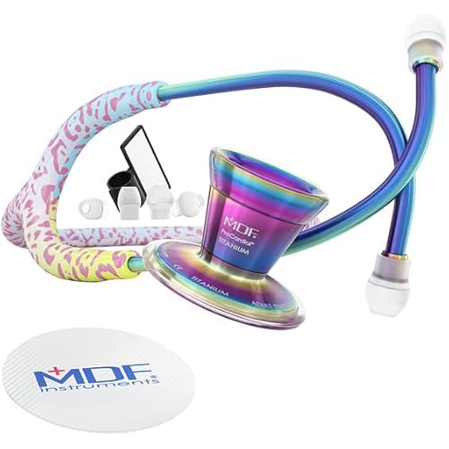MDF Instruments Rainbow Leopard Kaleidoscope ProCardial Cardiology Stethoscope, Lightweight Titanium, Adult, Dual Head, Rainbow Leopard Tube, Kaleidoscope Chestpiece-Headset, MDF797TRLKL