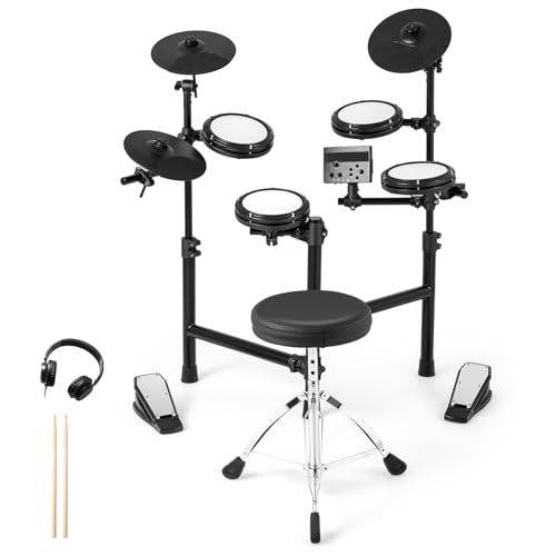 FANTASK Batería electrónica, Juegos de batería E-Drum Plegables con Pads de Malla, 150 Sonidos y 10 Demos, metrónomo y USB Midi, 2 Pedales y 2 Baquetas, Juego de batería electrónico de 7 Piezas para