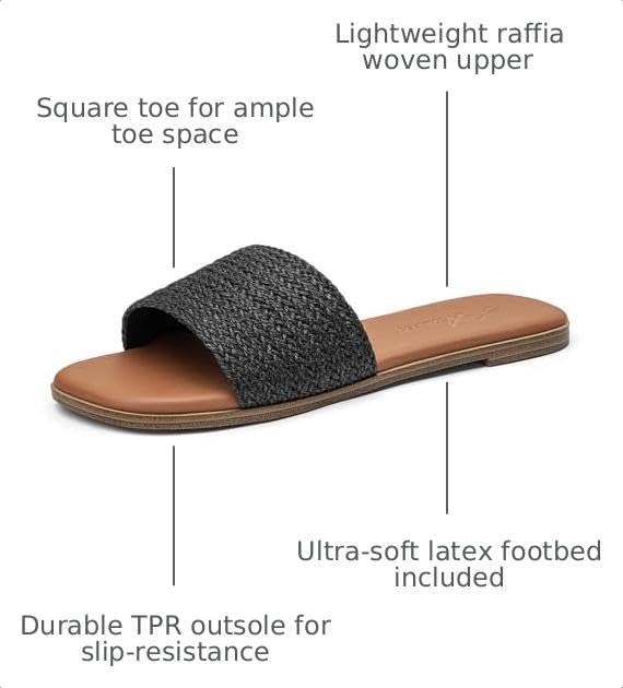 Image of Athlefit Flat Sandals Women Dressy Square Toe Raffia Summer Slide Sandals