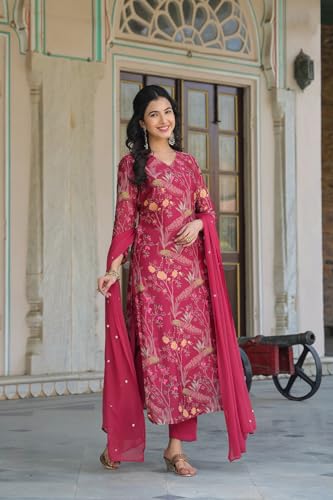 Image of ANNI DESIGNER Women's Cotton Blend Straight Printed Kurta with Pant & Dupatta
