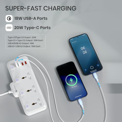 Image of Portronics Power Plate Prime 7-in-1 2500W Power Extender, 3 Universal Sockets & 4 USB Ports, Individual Switches, 180 Flexible Cord, Child Safety Shutters, for Home, Office, Laptops