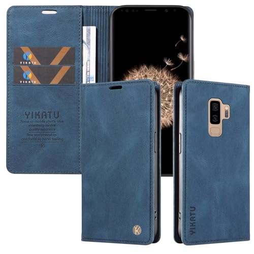 Funda Compatible con Samsung Galaxy S9 Plus Libro Fundas con Tapa Móvil Cuero Carcasa Magnética Tarjetero Protector Antigolpes Case/Ranuras Billetes/Acceso a Botones -Azul