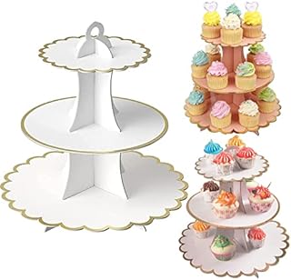 Cardboard Cake Stand Afternoon Tea Stands Meyecon Round Dessert Stand 3 Pack 3-Tier Cardboard Cupcake Stands for Birthday Party, Wedding, Anniversary, Party Decoration (Cardboard White Pink)