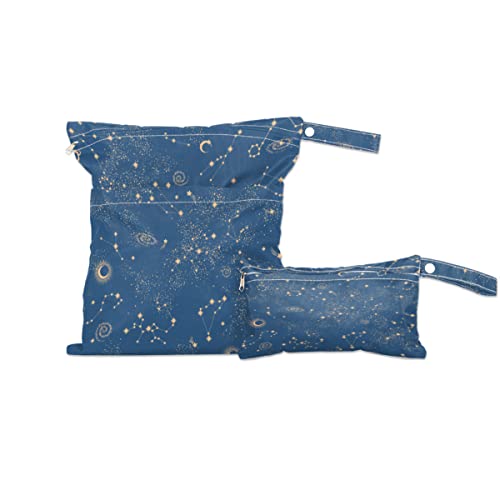 lakefvgk 2 PCs Wet Dry Bag Moon Star Space Constellation Pattern Wet Swimsuit Bag Waterproof Wet Bag Cloth Reusable Diapers for Toiletries Travel Beach Pool Stroller Gym