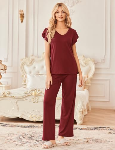 Image of Ekouaer 2 Pack Womens Pajamas Short Sleeve Sleepwear Top with Pants Super-Soft Printed Lounge Sets S-XXL