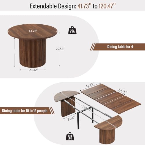 Image of weselon 42 inch-120 inch Extendable Dining Table for 4-14, Expandable Oval Dining Room Table with Fluted Pedestal Base & Reinforced Metal Support Leg, Extra Large Modern Kitchen Table (Walnut)