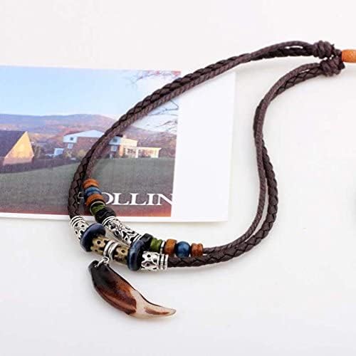 MJARTORIA Unisex Resin Wolf Tooth Beads Pendant Adjustable Brown PU Leather Cord Necklace