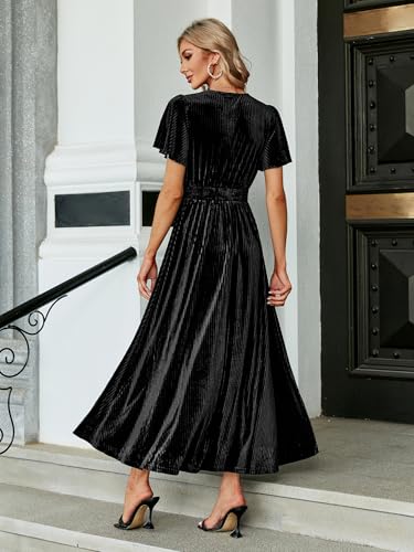 Image of Simplee Women's V Neck Velvet Maxi Dress Short Sleeve Empire Waist Long Formal Dress for Wedding Guest