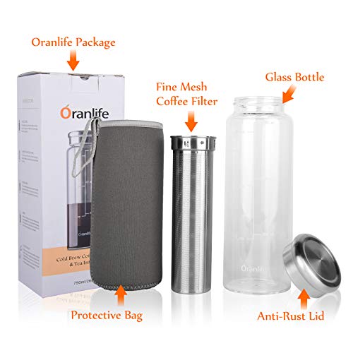 Cold Brew Coffee Maker, Portable Iced Coffee and Tea Infuser with Airtight Lid, Reusable Stainless Steel Mesh Filter for Iced Tea/Coffee, 3cup, 26oz, Easy To Clean