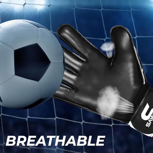 SAWANS Goalkeeper Gloves Football Training Equipment for Kids Boys Youth Adult Men Goalie Gloves Grips Palm Protection Double Layer Breathable Goalkeeping (Black, 10)