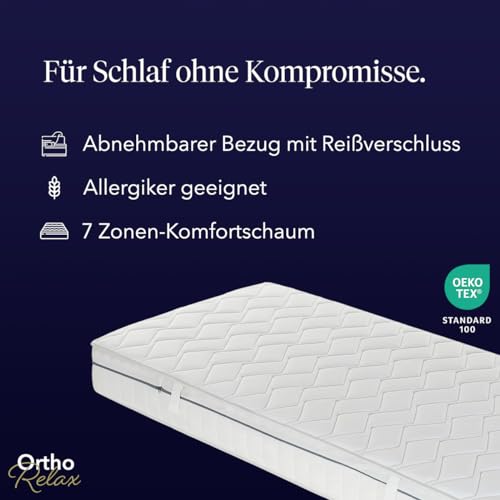 Ortho-Relax Matratze 140x200 cm - 23 cm, Härtegrad H4 & H5, 100-Nächte-Probeschlaf, 7-Zonen-Komfortschaum, Weiche & Feste Seite, Öko-Tex 100