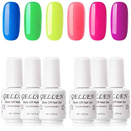 Gellen Gel Nail Polish Kit, Colorful Neon 6 Colors Ultra Bright Tone Rainbow Shades, Trendy Summer Nail Art Designs Home/Salon Gel Manicure Set