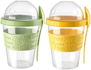 Shopivaa The Original Take & Go 600ml Yoghurt Pot for Breakfast Granola Muesli Cereal Overnight Oats to go Yogurt Pot with Spoon Lid Leakproof Plastic Dishwasher Safe (SET OF 2 - Green & Yellow)