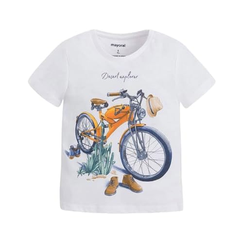T-shirt blanc garçon en coton doux imprimé vintage col rond taille enfant 3059