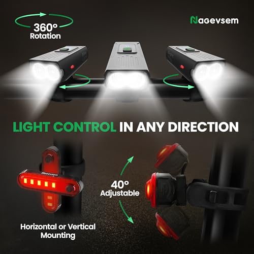 image for Nagevsem Bike Lights Set, LED Super Bright Rechargeable USB-C Headligh