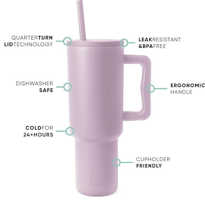 Image of WEZOSHINET 1200ml Stainless Steel Tumbler with Handle & Straw, Double Wall Vacuum Insulated Travel Mug with Spill Proof Lid, Reusable Sipper Cup for Hot & Cold Drinks (Purple)