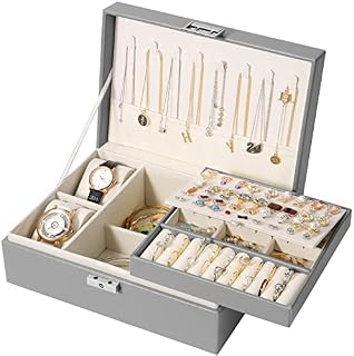 Jewellery Box for Women, Simboom Jewellery Box Organiser Travel Double-Layer PU Leather Jewelry Storage Case for Rings Earrings Necklace Bracelets Watch Gift Box, Ashy White
