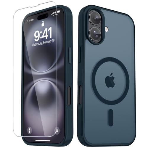 Image of YENAPOON for iPhone 16 Plus Case, Matte Magnetic Phone Cover [with 1 Screen Protector] [Support for MagSafe] [Shockproof Military Grade Protection] Translucent Frosted Back, Navy Blue