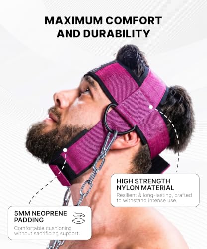 Image of RACE Neck and Head Strengthening Equipment Weight Harness Thick Padded Adjustable Strap with Heavy Duty Steel Chain & Rings for Gym Crossfit Fitness Training Injury Rehab (Pink)