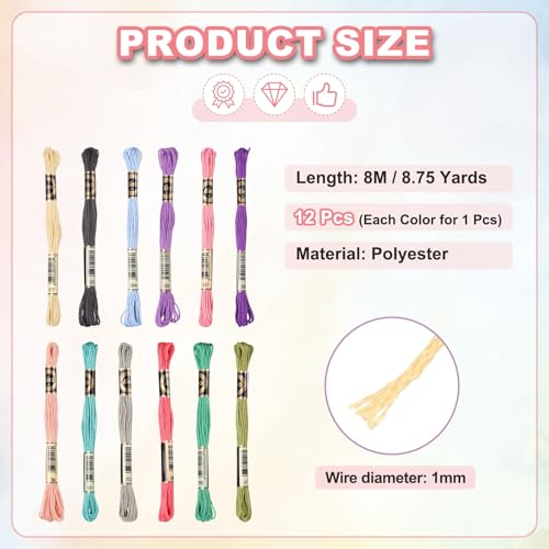 Image of PATIKIL 12 Skeins Embroidery Floss Polyester Embroidery Threads Bracelets String for Cross-Stitch Hand Embroidery, Morandi Colors
