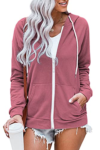 Fangcloudy Women's Long Sleeve Round Neck Casual T Shirts Blouses Sweatshirts Tunic Tops with Pocket, S Peach