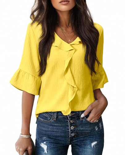 siliteelon Yellow Tops for Women 3/4 Sleeve Ruffle Bell Blouse Dressy Casual Ladies Vacation Sping Summer Outfits 2026 Yellow M