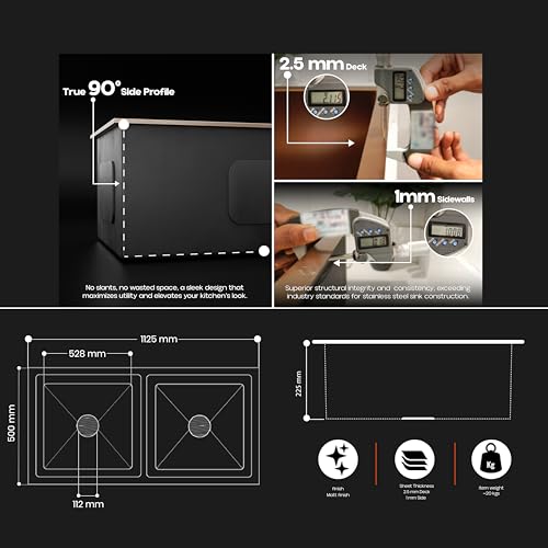 Image of Lorazzo Lustr Kitchen Sink 45x20 Inch - Copper | SS 304 Stainless Steel Double Bowl Kitchen Sink | Steel Sink for Kitchen with Strainer Basket, Waste Coupling & Pipe | 20-Year Warranty