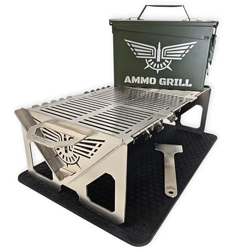Ammo Grill M19A1 Base Model | 304 Stainless Steel Portable Charcoal Grill with 3 Grates Silicone Mat & Scraper