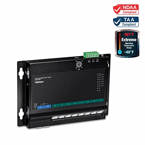 Image of TRENDnet 10-Port Industrial Gigabit PoE+ Wall-Mounted Front Access Switch, TI-PG102F, 8x Gigabit PoE+ Ports, 2 x Gigabit SFP Slots, 240W PoE Budget, DIN-Rail & Wall Mount Brackets Included, IP40 Rated