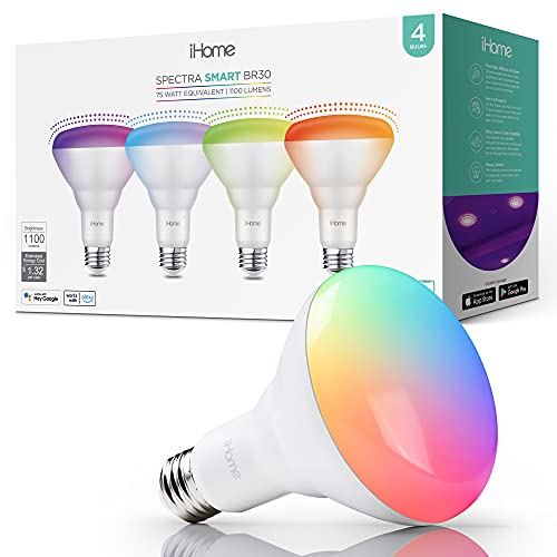 Ihome Spectra Smart Color Light Bulbs, 1100 Lumens 10W (75W Equivalent), Br30 E26, Tunable Music Sync Rgbww Wifi Smart Bulb, No Hub Required, Works With Alexa And Google Home, 4 Pack #TOP20