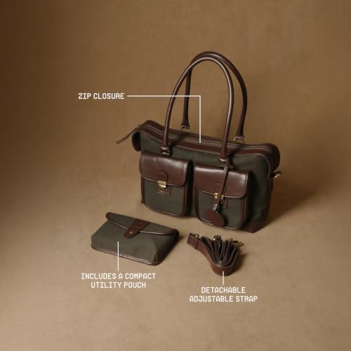 Image of Theater Miss Granger Structured Satchel Bag for Women | Canvas & Faux Leather Handbag with Fixed Top Handles & Detachable Crossbody Strap | Front Flap Buckle Pockets | Elegant Everyday Shoulder Bag