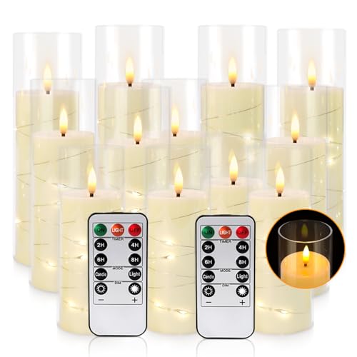 Image of YOROXRG Flickering Flameless Candles Battery Operated with Remote, LED Pillar Candles with Realistic Moving Wick for Halloween, Christmas, Home Decor Pack of 12 (D2.2 x H 5 inch 6 inch 7 inch) Ivory