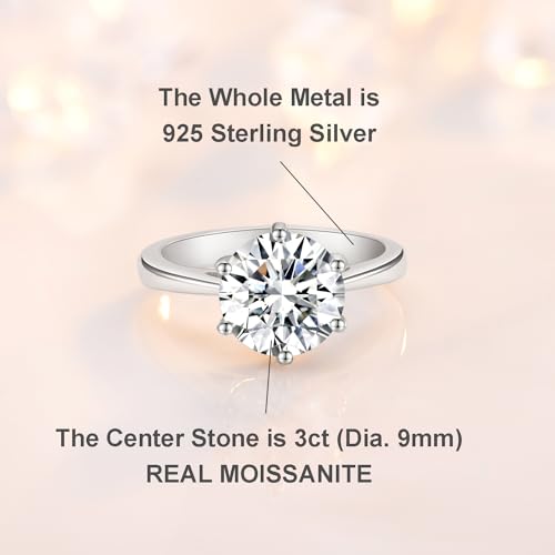 SecreTalk 3CT Moissanite Engagement Ring for Women, Classic 6-Prong Wedding Rings, 925 Sterling Silver D Color VVS Moissanite Ring with Certificate of Authenticity3