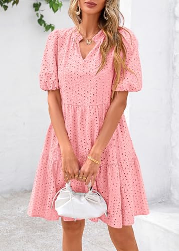 Image of KIRUNDO Eyelet Summer Dresses for Women 2026 Mini Casual Hollow Out Short Sleeve Lace Tiered V Neck Shift Dress Pockets