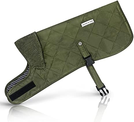 Olive Green Quilted Dog Coat Jacket With Corduroy Collar Country Style Fully Adjustable Strap Showerproof with Soft and Warm Lining Winter Outfit Clothes (Medium - 45cm Long)