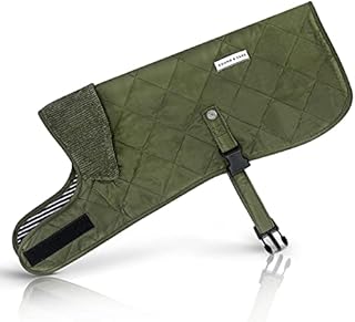 Olive Green Quilted Dog Coat Jacket With Corduroy Collar Country Style Fully Adjustable Strap Showerproof with Soft and Warm Lining Winter Outfit Clothes (Medium - 45cm Long)