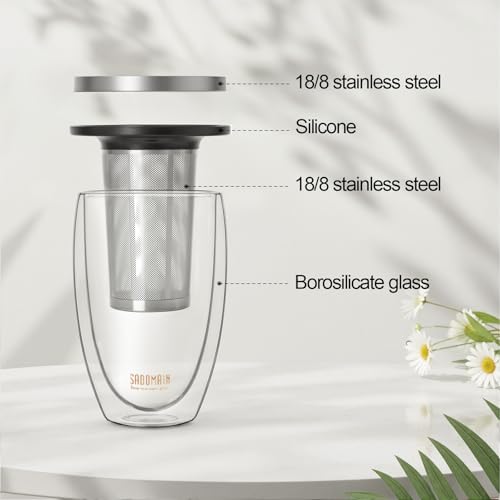 SADOMAIN Glass Tea Cup with Infuser and Lid, Tea Infuser Mug in 12 OZ/350ML, Heat-Proof Double Wall Glass Tea Cup, 100% Plastic-Free Tea Mug with Lid and Strainer, Keeps Drinks Hot/Cold Longer Time - Thumbnail 3