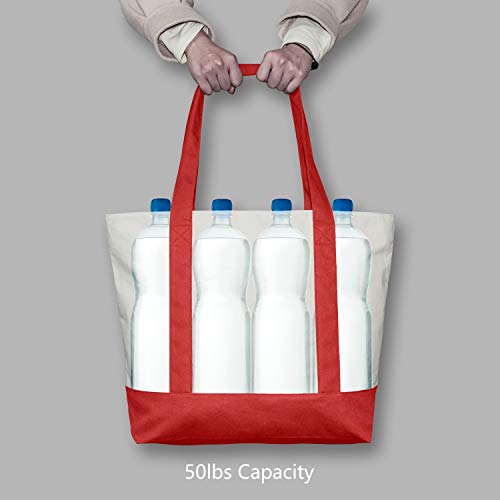 Image of TOPDesign 1-Pack Canvas Tote Bag with an External Pocket, Reusable Grocery Shopping Bag, Top Zipper Closure, Daily Essentials (Red /Natural)
