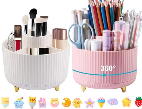 Lostwry 2 Piezas Portalapices Giratorio, Organizador de Escritorio Portabolígrafos de Escritorio Giratorio 360 Grados Organizador de Lápices con 5 Compartimentos Para Oficina, Escuela (Blanco+rosa)