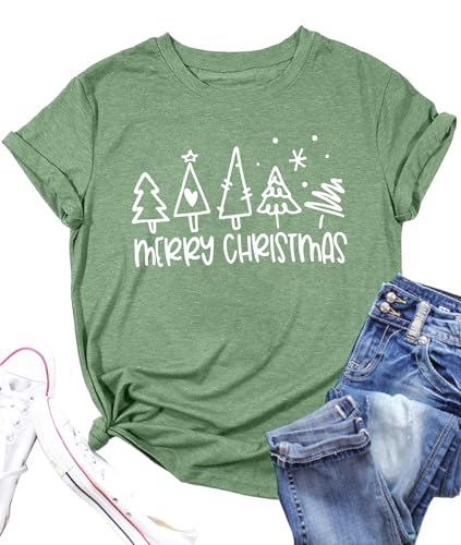 Christmas Tree Shirt for Women Merry Christmas Printed T-Shirts Short Sleeve Holiday Tee Xmas Gift Tops